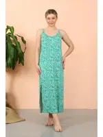 Desenli İp Askılı Yırtmaçlı Uzun Yeşil Gecelik Akbeniz 90118 Yeşil farklı açı