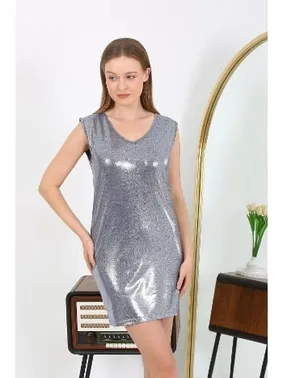 Akbeniz V Yaka Parlak Kalın Askılı Kısa Micro Ev Kadın Elbisesi Akbeniz 7417