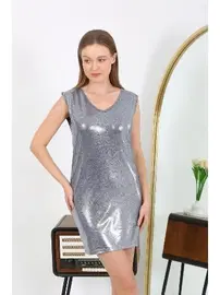 Akbeniz V Yaka Parlak Kalın Askılı Kısa Micro Ev Kadın Elbisesi Akbeniz 7417