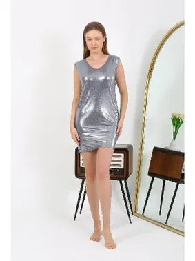 Akbeniz V Yaka Parlak Kalın Askılı Kısa Micro Ev Kadın Elbisesi Akbeniz 7417 - Alternatif Görünüm