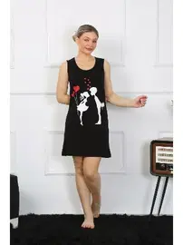 Akbeniz Kalın Askılı Penye Diz Üstü Siyah Gecelik Akbeniz 11310