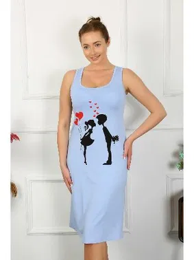 Akbeniz Kalpli Kalın Askılı Penye Uzun Mavi Gecelik Akbeniz 12001