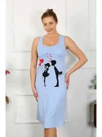 Akbeniz Kalpli Kalın Askılı Penye Uzun Mavi Gecelik Akbeniz 12001