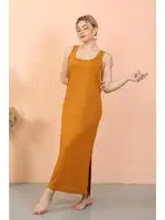 Akbeniz Kalın Askılı Yırtmaçlı Uzun Hardal Gecelik 90110 Hardal