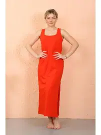 Akbeniz Kalın Askılı Yırtmaçlı Uzun Kırmızı Kadın Gecelik Akbeniz 90110