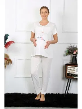 Akbeniz Patik Desenli Kısa Kollu Hamile Lohusa Pijama Takımı Ekru Akbeniz 45210 - Alternatif Görünüm