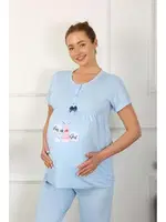 Düğmeli Kısa Kollu Hamile Lohusa Pijama Takımı Mavi Akbeniz 45210 Mavi