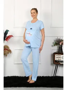 Akbeniz Düğmeli Kısa Kollu Hamile Lohusa Pijama Takımı Mavi Akbeniz 45210 - Alternatif Görünüm