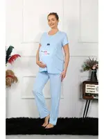 Düğmeli Kısa Kollu Hamile Lohusa Pijama Takımı Mavi Akbeniz 45210 Mavi detay görünüm