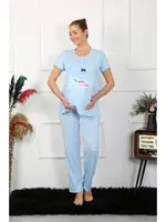 Düğmeli Kısa Kollu Hamile Lohusa Pijama Takımı Mavi Akbeniz 45210 Mavi farklı açı