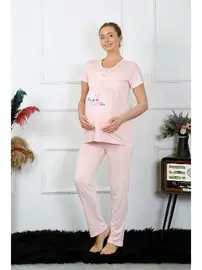 Akbeniz Yuvarlak Yaka Kısa Kollu Hamile Lohusa Pijama Takımı Pudra Akbeniz 45210
