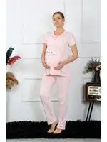 Yuvarlak Yaka Kısa Kollu Hamile Lohusa Pijama Takımı Pudra Akbeniz 45210 Pudra