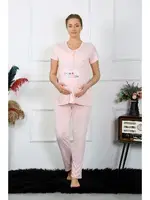 Yuvarlak Yaka Kısa Kollu Hamile Lohusa Pijama Takımı Pudra Akbeniz 45210 Pudra farklı açı