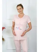 Yuvarlak Yaka Kısa Kollu Hamile Lohusa Pijama Takımı Pudra Akbeniz 45210 Pudra görsel 5