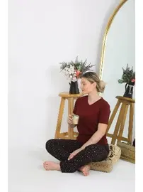 Akbeniz V Yaka Kısa Kollu Penye Pijama Takım Bordo Akbeniz 4214
