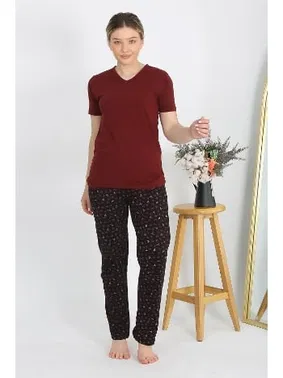 Akbeniz V Yaka Kısa Kollu Penye Pijama Takım Bordo Akbeniz 4214 - Alternatif Görünüm