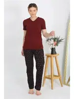 V Yaka Kısa Kollu Penye Pijama Takım Bordo Akbeniz 4214 Bordo detay görünüm