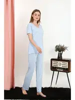 Kısa Kollu V Yaka Penye Kadın Pijama Takım Mavi Akbeniz 4213 Mavi