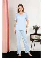 Kısa Kollu V Yaka Penye Kadın Pijama Takım Mavi Akbeniz 4213 Mavi farklı açı