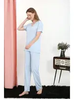 Kısa Kollu V Yaka Penye Kadın Pijama Takım Mavi Akbeniz 4213 Mavi görsel 4
