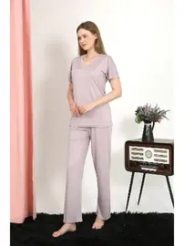 Akbeniz V Yaka Kısa Kollu Pamuk Kadın Pijama Takım Pudra Akbeniz 4213