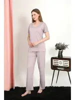 V Yaka Kısa Kollu Pamuk Kadın Pijama Takım Pudra Akbeniz 4213 Pudra