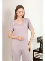 V Yaka Kısa Kollu Pamuk Kadın Pijama Takım Pudra Akbeniz 4213 detay görünüm