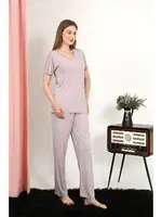 V Yaka Kısa Kollu Pamuk Kadın Pijama Takım Pudra Akbeniz 4213 Pudra farklı açı