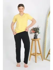 Akbeniz Penye V Yaka Kısa Kollu Kadın Pijama Takım Sarı Akbeniz 4215