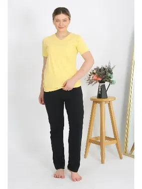 Akbeniz Penye V Yaka Kısa Kollu Kadın Pijama Takım Sarı Akbeniz 4215 - Alternatif Görünüm