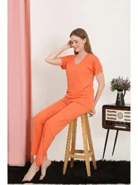 Akbeniz Kısa Kollu Pamuk Penye Kadın Pijama Takım Turuncu Akbeniz 4213