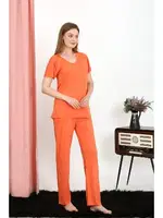 Kısa Kollu Pamuk Penye Kadın Pijama Takım Turuncu Akbeniz 4213 Turuncu detay görünüm
