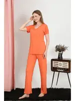 Kısa Kollu Pamuk Penye Kadın Pijama Takım Turuncu Akbeniz 4213 farklı açı