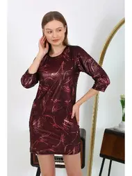 Akbeniz Yuvarlak Yaka Micro Kumaş Mini Parlak Kadın Elbise Akbeniz 7420