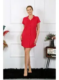 Akbeniz Gömlek Yaka Dokuma Kısa Kollu Düğmeli Kırmızı Tunik Gecelik Akbeniz 13110