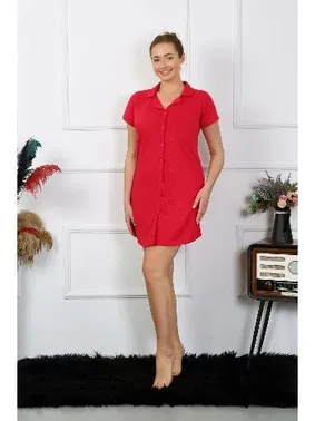 Akbeniz Gömlek Yaka Dokuma Kısa Kollu Düğmeli Kırmızı Tunik Gecelik Akbeniz 13110 - Alternatif Görünüm