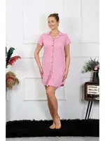 Pamuk Dokuma Kısa Kollu Düğmeli Pembe Tunik Gecelik Akbeniz 13110 Pembe görsel 4