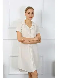 Akbeniz Akbeniz Kadın Pamuk Keten Kısa Kol Düğmeli Krem Tunik Gecelik 13108