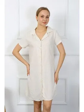 Akbeniz Akbeniz Kadın Pamuk Keten Kısa Kol Düğmeli Krem Tunik Gecelik 13108 - Alternatif Görünüm