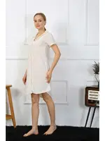 Akbeniz Kadın Pamuk Keten Kısa Kol Düğmeli Krem Tunik Gecelik 13108 Krem görsel 4