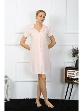 Akbeniz Akbeniz Kadın Pamuk Keten Kısa Kol Düğmeli Pudra Tunik Gecelik 13108