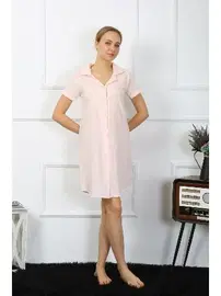 Akbeniz Akbeniz Kadın Pamuk Keten Kısa Kol Düğmeli Pudra Tunik Gecelik 13108