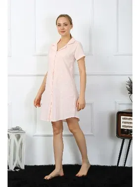 Akbeniz Akbeniz Kadın Pamuk Keten Kısa Kol Düğmeli Pudra Tunik Gecelik 13108 - Alternatif Görünüm