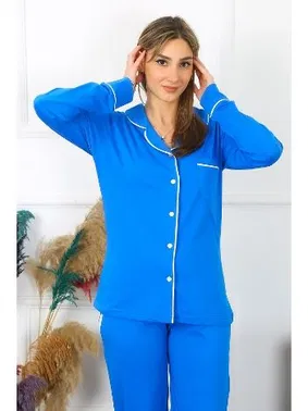 Akbeniz Penye Önden Düğmeli Uzun Kol Saks Pijama Takım Akbeniz 2782 - Alternatif Görünüm