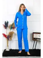 Penye Önden Düğmeli Uzun Kol Saks Pijama Takım Akbeniz 2782 Saks farklı açı