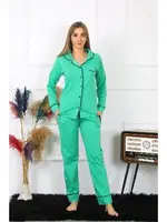 Pamuklu Önden Düğmeli Uzun Kollu Yeşil Kadın Pijama Takım Akbeniz 2782 Yeşil detay görünüm