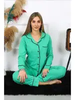 Pamuklu Önden Düğmeli Uzun Kollu Yeşil Kadın Pijama Takım Akbeniz 2782 Yeşil farklı açı