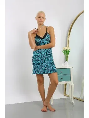 Akbeniz Kısa Leopar Desenli İp Askılı Kadın Penye Gecelik Akbeniz 36712