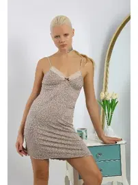 Akbeniz Penye Vizon Leopar Desenli İp Askılı Kadın Gecelik Akbeniz 36717