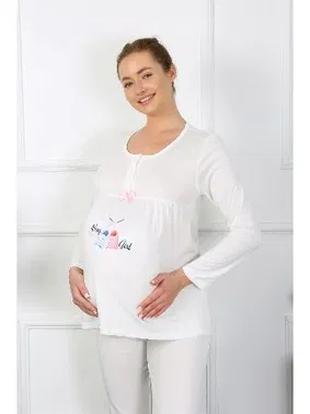 Akbeniz Düğmeli Uzun Kollu Hamile Lohusa Pijama Takımı Ekru Akbeniz 45501 - Alternatif Görünüm